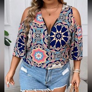 Boho mandala print half zip cold shoulder blouse